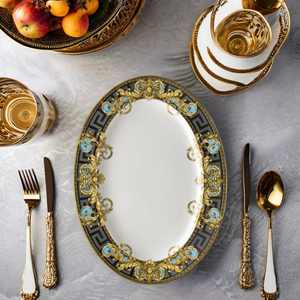 Assiettes à dîner simples en porcelaine dorée bohème de gros pour restaurant, diamètre 40 cm, ellipse, noir et or - Product Image 5