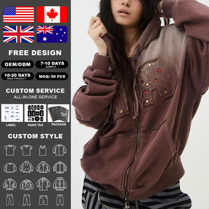 Sudadera con Capucha KingSen de Alta Calidad para Invierno, Unisex, con Cierre, Diseño Desgastado, Pedrería Bordada, Lavado Ácido, Felpa Francesa, 100% Algodón - Product Image 2