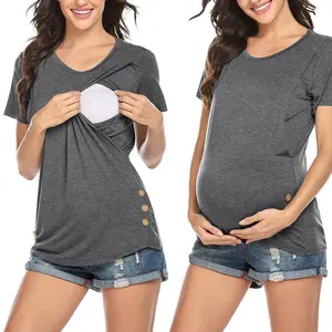 נשים בהריון יולדות סיעוד למעלה קצר שרוול כפתור הריון מכנסיים קצרים Tees בסיסי הנקה חולצה חולצה