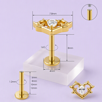 Piercing Labret à dos plat en Titane ASTM F136 avec Couronne Ronde CZ et Pointe, Or et Argent, pour Cartilage, Bijoux de Corps, Vente en Gros