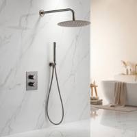 Ensembles de douche thermostatiques ronds dorés Pomme de douche à effet de pluie Robinets de salle de bains à haute pression Accessoires d'étagère Combo Robinetterie brute