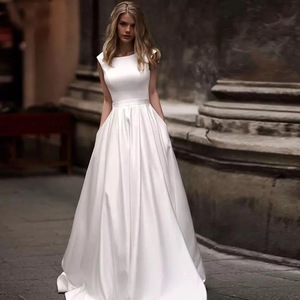 Wedding Dress A-Line Satin O-Neck Natural Waist White Ivory Simple Fashion Travel Photography Style - Product Image 1