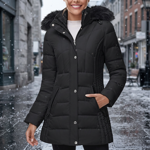 <b>Men</b> <b>Long</b> Hooded Varsity <b>Jacket</b> Fur Trim Windproof Waterproof Breathable Standard Spring Coat Casual Solid <b>Black</b> Polyester - Product Image 1
