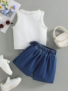 Nuevo conjunto <span class=keywords><strong>de</strong></span> verano para niño y niña, 2 conjuntos, camiseta sin mangas blanca sin mangas + lazos <span class=keywords><strong>de</strong></span> perlas, conjunto <span class=keywords><strong>de</strong></span> ropa <span class=keywords><strong>de</strong></span> Falda vaquera - Product Image 3