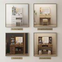 Ensemble Coiffeuse Moderne en Bois Blanc avec Miroir et Tabouret, Table de Maquillage à 3 Tiroirs pour Chambre/Salon, Meuble de Maison – Vente en Gros