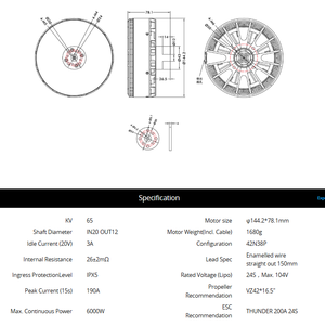 มอเตอร์ T-<span class=keywords><strong>MOTOR</strong></span> V13L KV65 จากโรงงาน ผลิตภัณฑ์มอเตอร์ไร้แปรงถ่าน DC 6000W 6KW IPX5 24S รับน้ำหนัก 50กก. 100กก. 200กก. สำหรับโดรน VTOL - Product Image 6