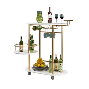 Gold Bar Carts with 3-Tier Storage Swivel Shelves, Mobile Bar Serving Cart with Wine Rack and Glass Holder, for The Home