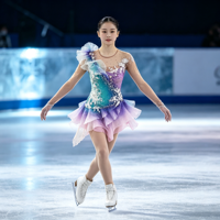 Tenue de patinage artistique 3D à motifs floraux dégradés vert, violet et rose, avec strass et volants multicouches, robe de performance pour patinage