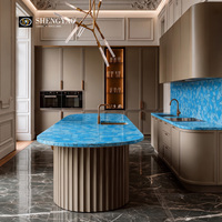 Table d'îlot de cuisine en pierre semi-précieuse bleu turquoise avec base en bois, comptoir autoportant de luxe, taille personnalisée, OEM