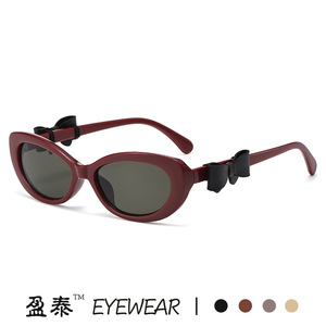 Yingtai Eyewear Oval Sunglasses Tortoiseshell Frame UV400 Women Fashionable <b>Bow</b> Detail - Product Image 3