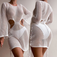 En stock Robe de plage ajourée à manches longues pour femme, Cache-maillot de bain au crochet, Protection solaire