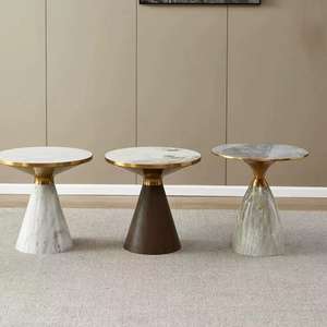 Elegante Mesa Auxiliar de Mármol con Ribete Dorado, Base Cónica de Madera, Mesa de Centro para Apartamento - Product Image 4
