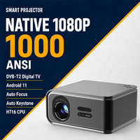 Projecteur intelligent natif 1080P, 1000 lumens ANSI, décodage vidéo 4K, Android TV, WiFi, haut-parleurs intégrés, home cinéma
