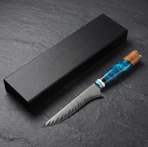Couteau à désosser Jinniangzi 6 pouces en acier Damas |   Couteau à filet et à <span class=keywords><strong>viande</strong></span> en acier japonais |   Couteau à lame pleine avec manche en bois et résine bleue |   Vente en gros - Product Image 4