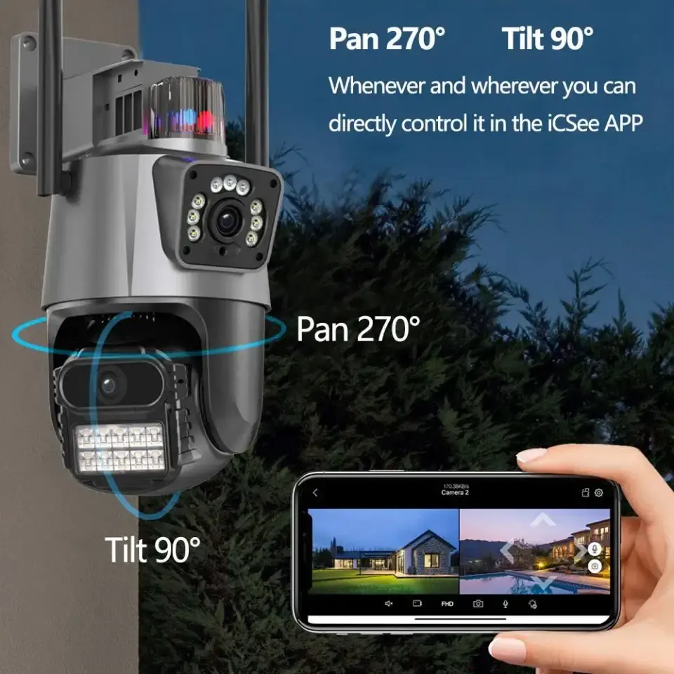H.265 4K Buitenbewaking Cctv Wifi-Beveiligingscamera Audio Ptz Netwerkcamera Met Dubbele Lens App Icsee