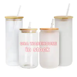 USA warehouse stocked beer shaped transparent cups can 16oz DIY blank sublimation glass can with bamboo lid and straw