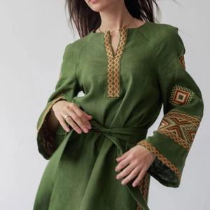 เดรสผ้าฝ้ายลินินผู้หญิง คอวี แขนยาว ทรงเอ สไตล์ลำลอง สำหรับวันหยุด ปักลาย  ความยาวปานกลาง เหมาะสำหรับฤดูร้อน - Product Image 6