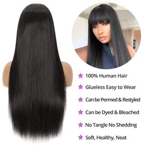 Perruque 100% <span class=keywords><strong>Cheveux</strong></span> Humains Longue et Soyeuse, Double Tissage, Prête à Porter, Lisse Comme un Bâton, <span class=keywords><strong>avec</strong></span> <span class=keywords><strong>Frange</strong></span> pour Femmes Noires - Product Image 4