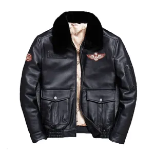 Chaqueta de piloto volador de cuero genuino para hombre, chaqueta de bambú de cuero de vaca Retro, chaqueta de invierno con cuello de piel desmontable