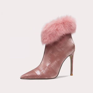 Zapatos de invierno con cúspide para mujer, botines de tacón alto superior de piel sintética y piel de conejo, botines <span class=keywords><strong>rosas</strong></span> sexis de alta calidad - Product Image 1