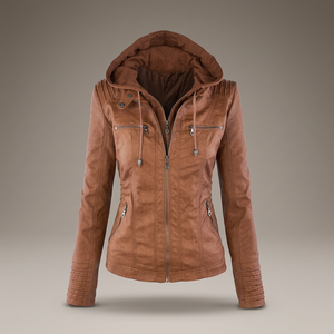 Women's <b>Hooded</b> PU Leather Motorcycle Jacket Solid Color Zipper Closure Windproof Autumn Style Full Sleeve Regular Length - Product Image 2