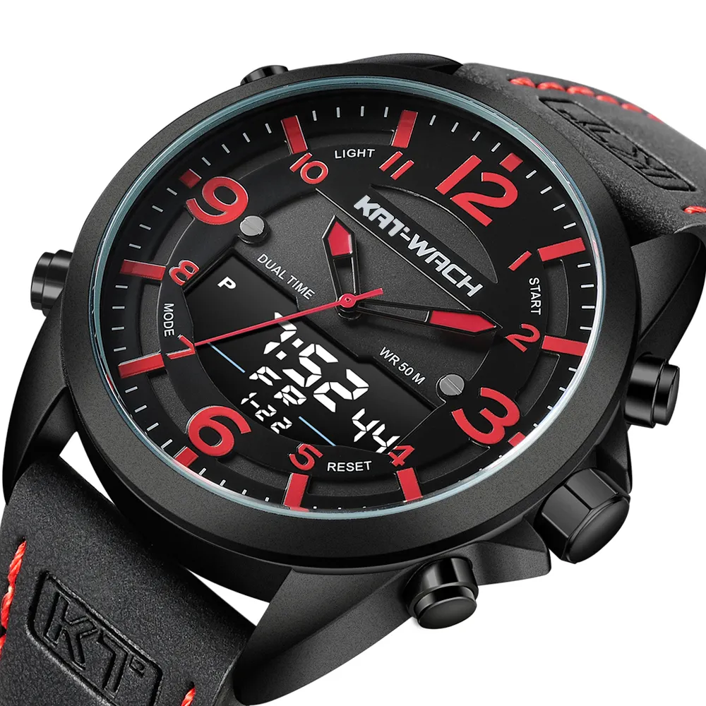 KAT WACH 1818 Digital Quartz Man Watches Fashion Waterproof Leather Strap Wristwatch Luminous Watches Men Wrist Chronograph
