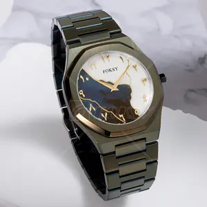 Hoge Kwaliteit Fabrikant Dubai Luxe Oem Custom Logo Groene Arabische Wijzerplaat Klassieke Waterdichte Gouden Ronde Mannen Quartz Horloge Voor Mannen