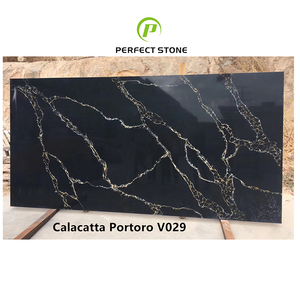 Losas de Cuarzo Artificial Calacatta Portoro con Superficie Pulida Negra de 3200x1600, para Encimeras - Product Image 1