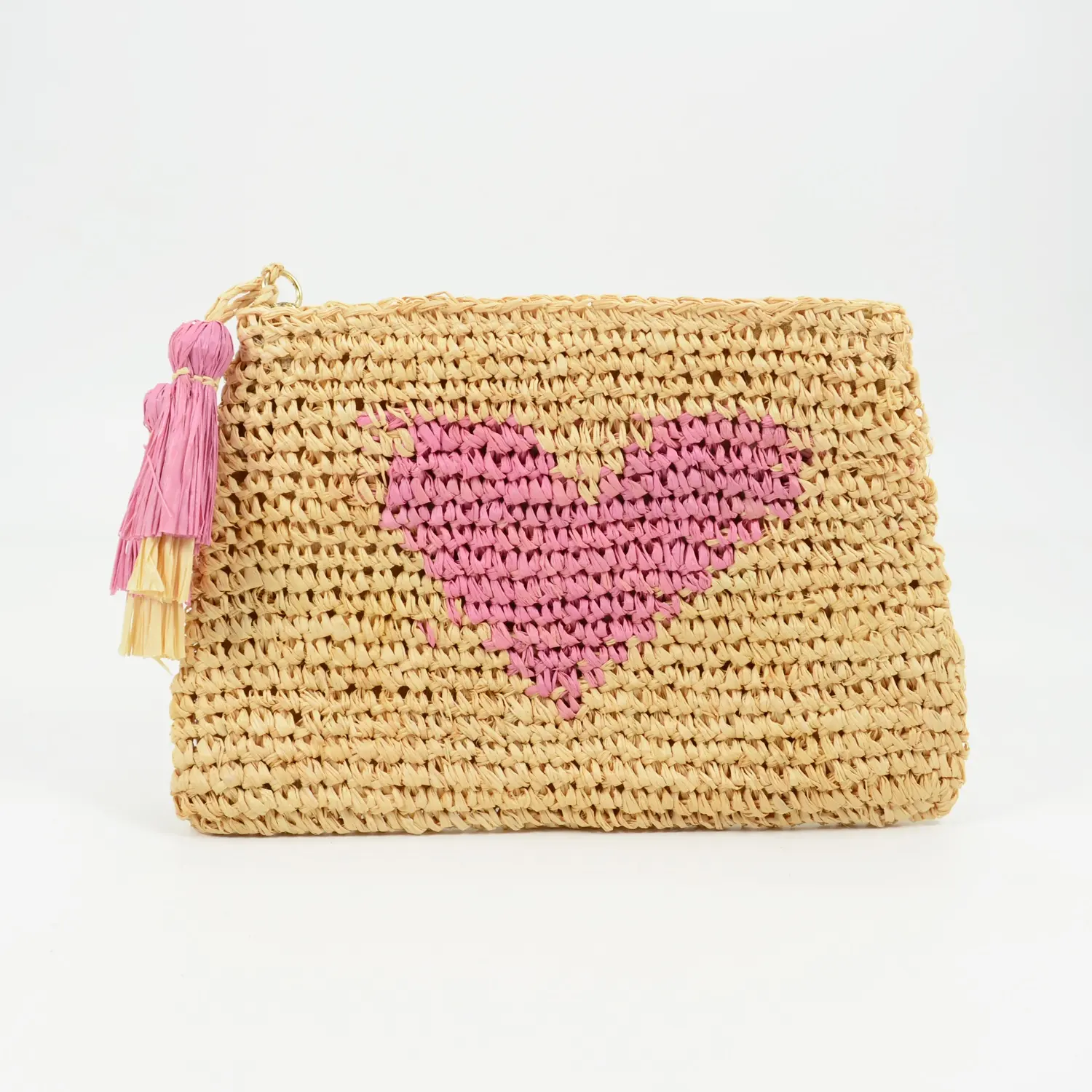 Handmade Crocheted Raffia Straw Zip Pouch Customized OEM Small Heart Embroidery Ladies Fashionable Summer B Love Straw Clutch