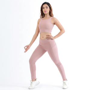 Conjunto de Yoga Rosa Polvoriento para Mujer: Top Deportivo con Espalda Descubierta y Bolsillo, Leggings de 2 Piezas Transpirables, Antiarrugas y de Secado Rápido para Pilates - Product Image 1