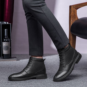 Bottes Derby pour hommes robe uniforme Oxford chaussures haut-milieu haut à lacets en cuir de vache véritable épaissi polaire coton rembourré chaud - Product Image 6