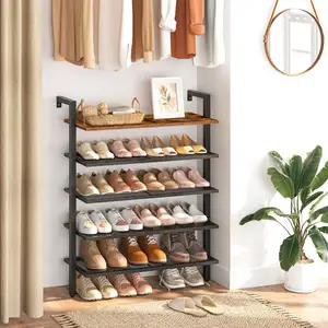 Commercio all'ingrosso 5 strati scarpiere stile industriale 5 strati di stoccaggio scarpe con legno superiore e mensola in metallo per scarpe Organizer