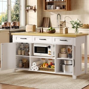Îlot de cuisine moderne SENYU avec station de charge intégrée, 2 prises AC, 2 ports USB, plateau en bois massif, base blanche - Product Image 1