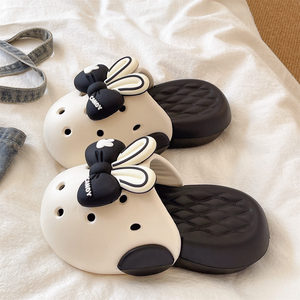 Sabots mignons à oreilles de lapin et nœud de dessin animé, semelle épaisse, chaussures nuages douces, antidérapantes, pantoufles fermées pour femmes, pour l'extérieur en été - Product Image 5