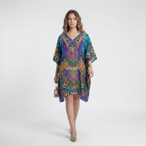 Robe longue caftan africaine en viscose pour femme, coupe ample, style tunique poncho kimono, aspect satiné soyeux, tenue de vacances bohème et décontractée - Product Image 1