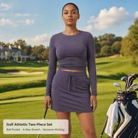 Ensemble assorti haut court à manches longues et mini-jupe pour femme, avec cordon de serrage, style athleisure, pour gym, yoga, golf, tennis, tenue décontractée deux pièces OEM