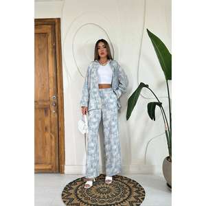 Ensemble de costume en lin pour femme, bleu imprimé, pantalon large respirant, veste, tenue deux pièces - Product Image 5