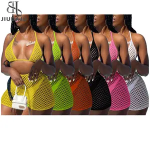 Sexy 3 Piece Bikinis Sets Women Halter Bandage Hollow Out Mesh Skirt Swimsuit 2024 Summer Bathing Suit