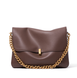Sac à bandoulière en cuir véritable marron avec chaîne, sac à main à rabat grande capacité pour les voyages quotidiens - Product Image 1