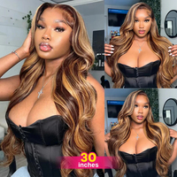 Perruque frontale en dentelle HD 13x4, cheveux humains, mèches brunes, ondulations naturelles, 100% cheveux vierges non traités, mèches blondes mélangées, en promotion