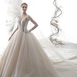 Bridal Forest Style Train Wedding Dress V Neck Ball Gown White Champagne Polyester Vintage European American Style Plus Size - Product Image 2