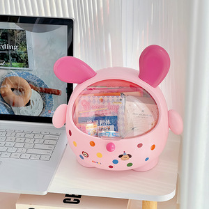 Pink Rabbit Shape Desk Organizer With Dots Pattern Covered Storage Box For Snacks Stationery Cosmetics Office Use - Product Image 2