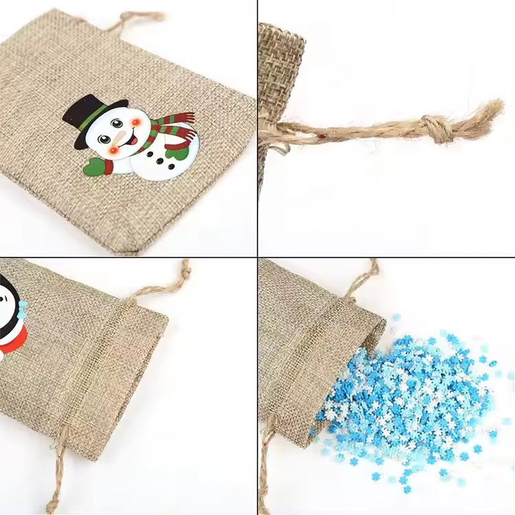 Eco Friendly Drawstrings Christmas Burlap Gift Bags With Snowman Printed