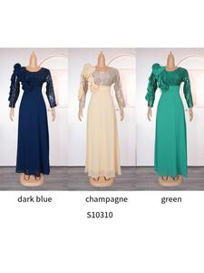 Robe de soirée grande taille en mousseline de soie perlée, col en V, manches longues, coupe trapèze, longueur ras du sol, pour occasions formelles - Product Image 4