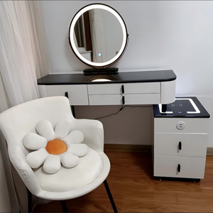 Nouvelle coiffeuse moderne avec rangement, miroir <span class=keywords><strong>LED</strong></span> réglable, chargeur <span class=keywords><strong>sans</strong></span> <span class=keywords><strong>fil</strong></span>, table de maquillage en verre trempé pour chambre à coucher - Product Image 6
