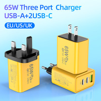 Pengisi Daya Cepat 65W 3-Port USB Type-C, Kepala Pengisi Daya Multi-Port Lintas Negara untuk Ponsel AS dan Eropa