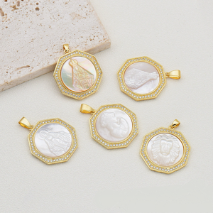 YH2031 Exquise breloque en nacre naturelle sculptée, plaquée or, avec <span class=keywords><strong>camée</strong></span> tête de lion et Vierge Marie, composants de bijoux - Product Image 1