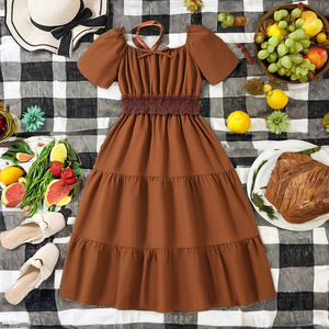 <b>Summer</b> Casual <b>Teen</b> Girls Breathable Solid Knee-Length Fashion Square-neck Bubble Short-sleeved Fitted A-line Waistline <b>Dress</b> - Product Image 1