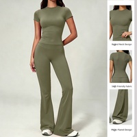 Ensemble de yoga 2 pièces en Spandex/Nylon brossé anti-transpiration pour femme – Haut ajusté à manches courtes et bas évasé taille haute élastique