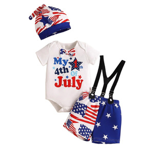 Ensemble <span class=keywords><strong>short</strong></span> à bretelles pour garçons, été, 0-2 ans, motif Jour de l'Indépendance, polyester doux - Product Image 1